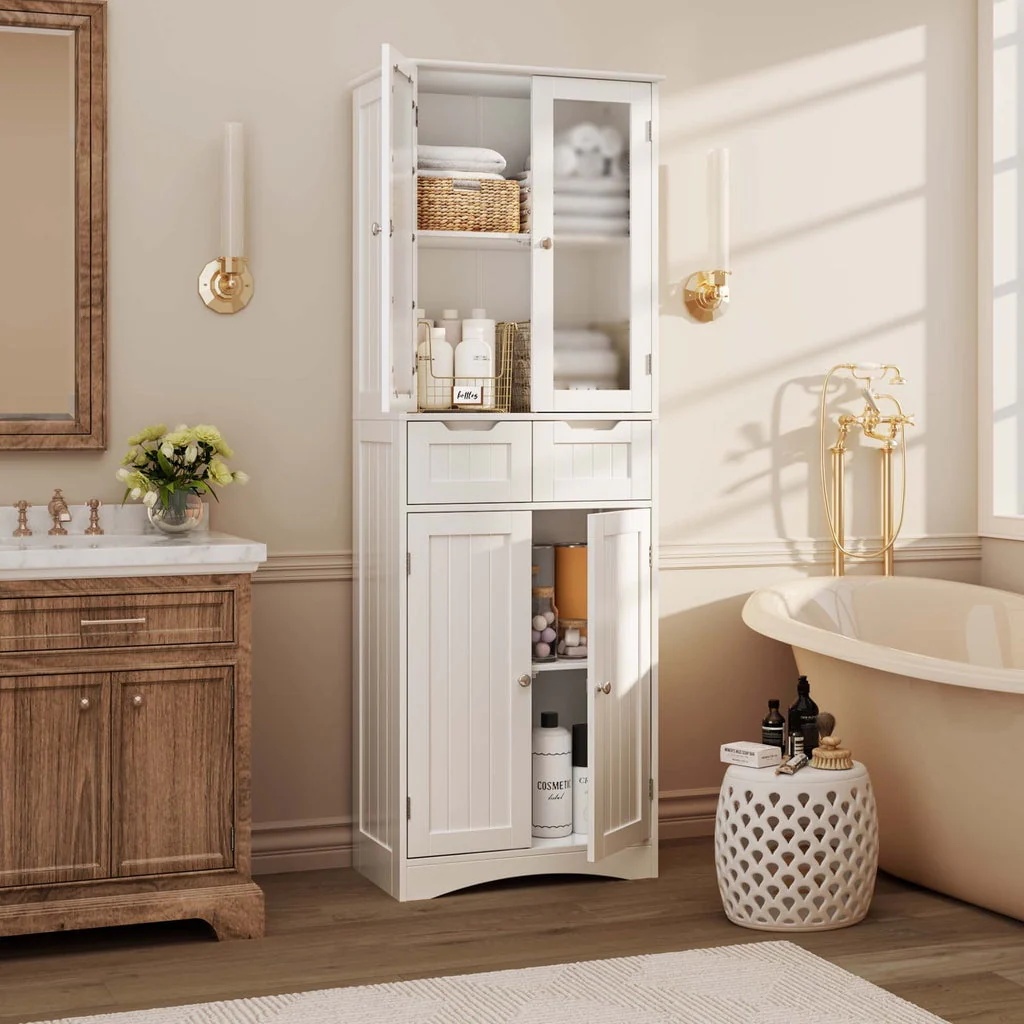 Aiho 66.9 "H Kitchen Pantry Storage Cabinet with 2 Drawers and Glass Doors for Kitchen - White - Image 8