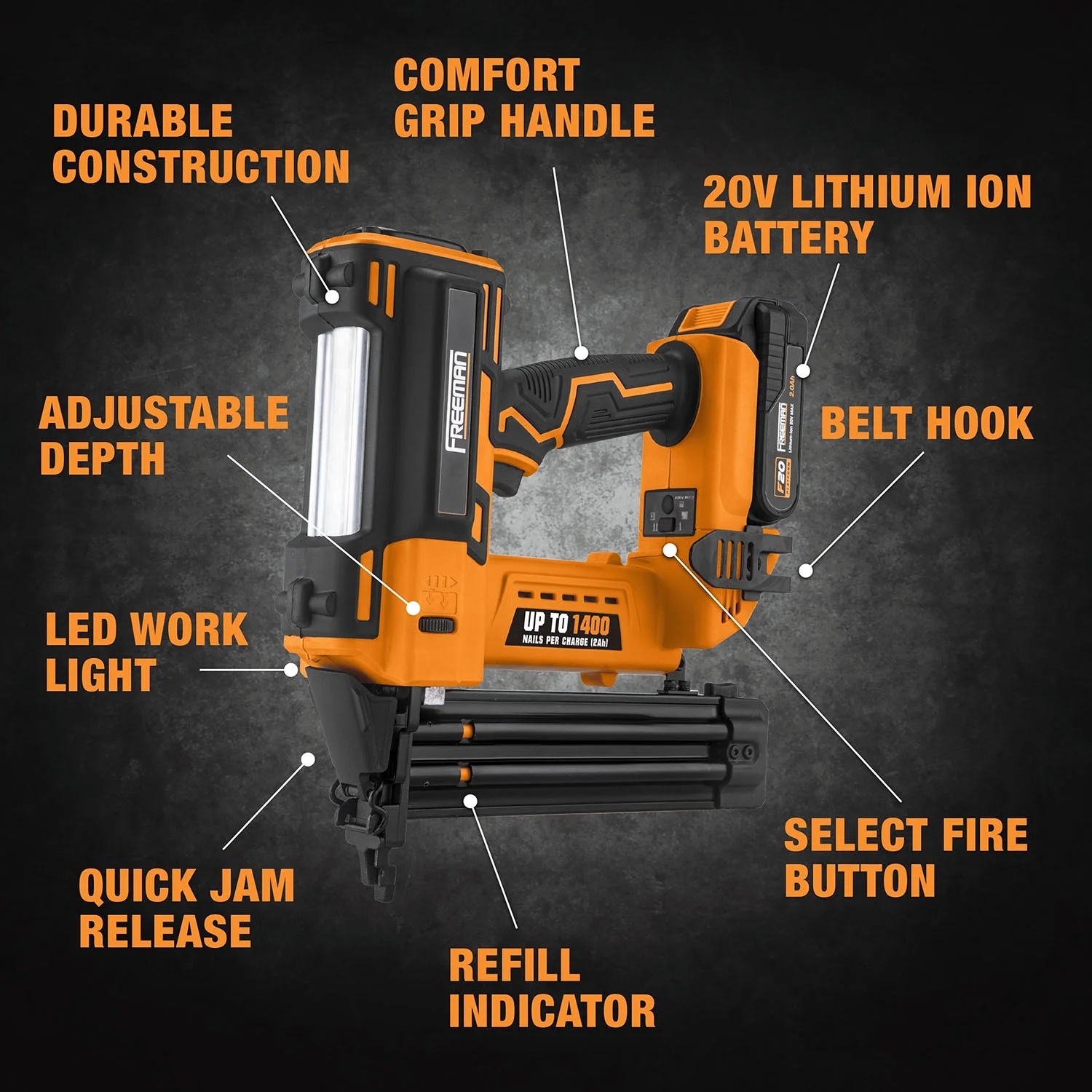 Freeman PE20VBR50 20 Volt Cordless 18-Gauge 2" Brad Nailer Kit with Lithium Ion Battery, Charger, Bag, and Nails (500 Count) -C 1400 Shots per Charge - Image 5