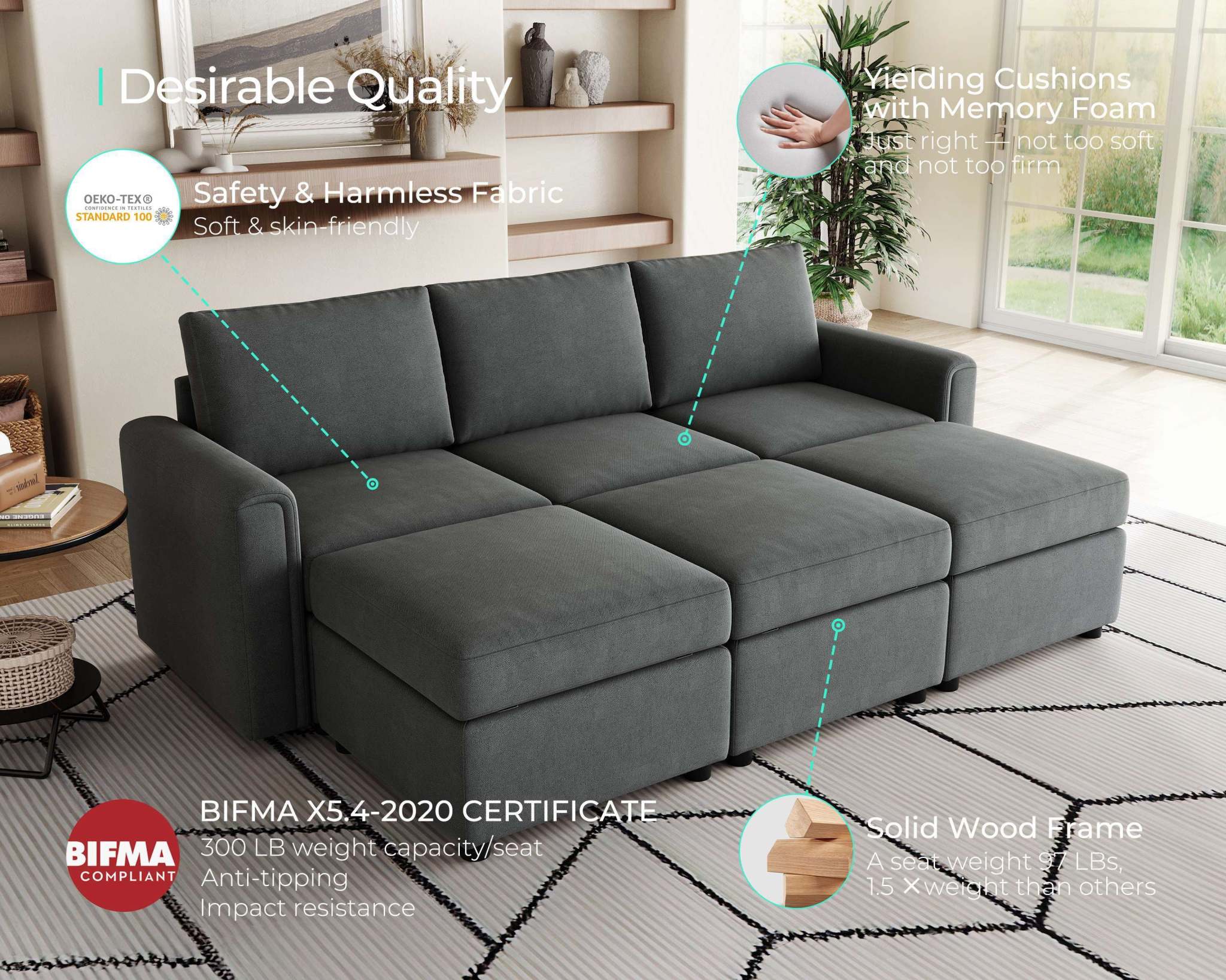 Linsy Home Modern Convertible Sleeper Sofa Bed with Storage Ottomans, Modular Sectional Couch Sofa,Dark Gray - Image 5