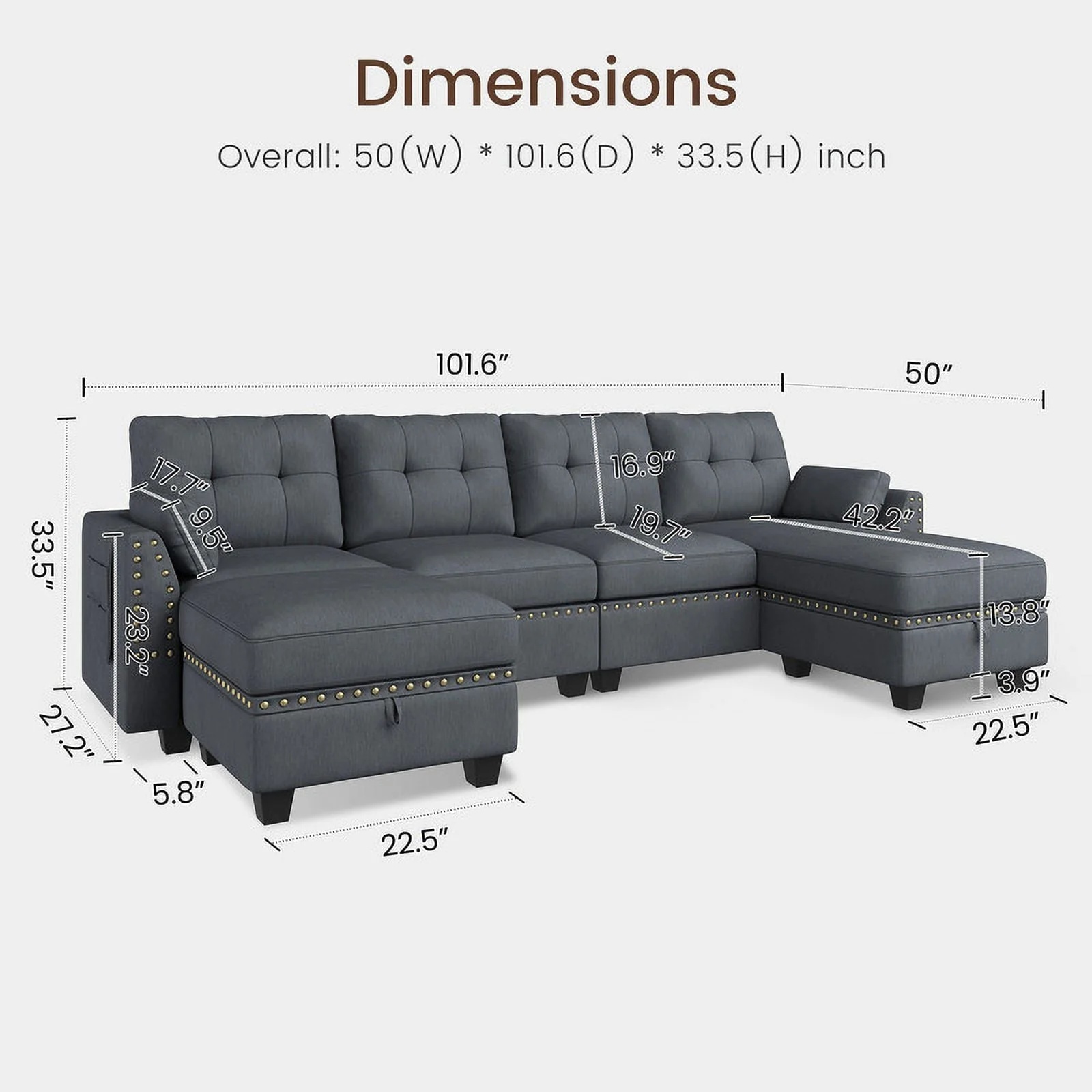 HONBAY Modern Linen Fabric with Reversible Chaise L-Shaped Sofa Couch with Storage Ottoman for Small Space Living Room, Bluish Grey - Image 3