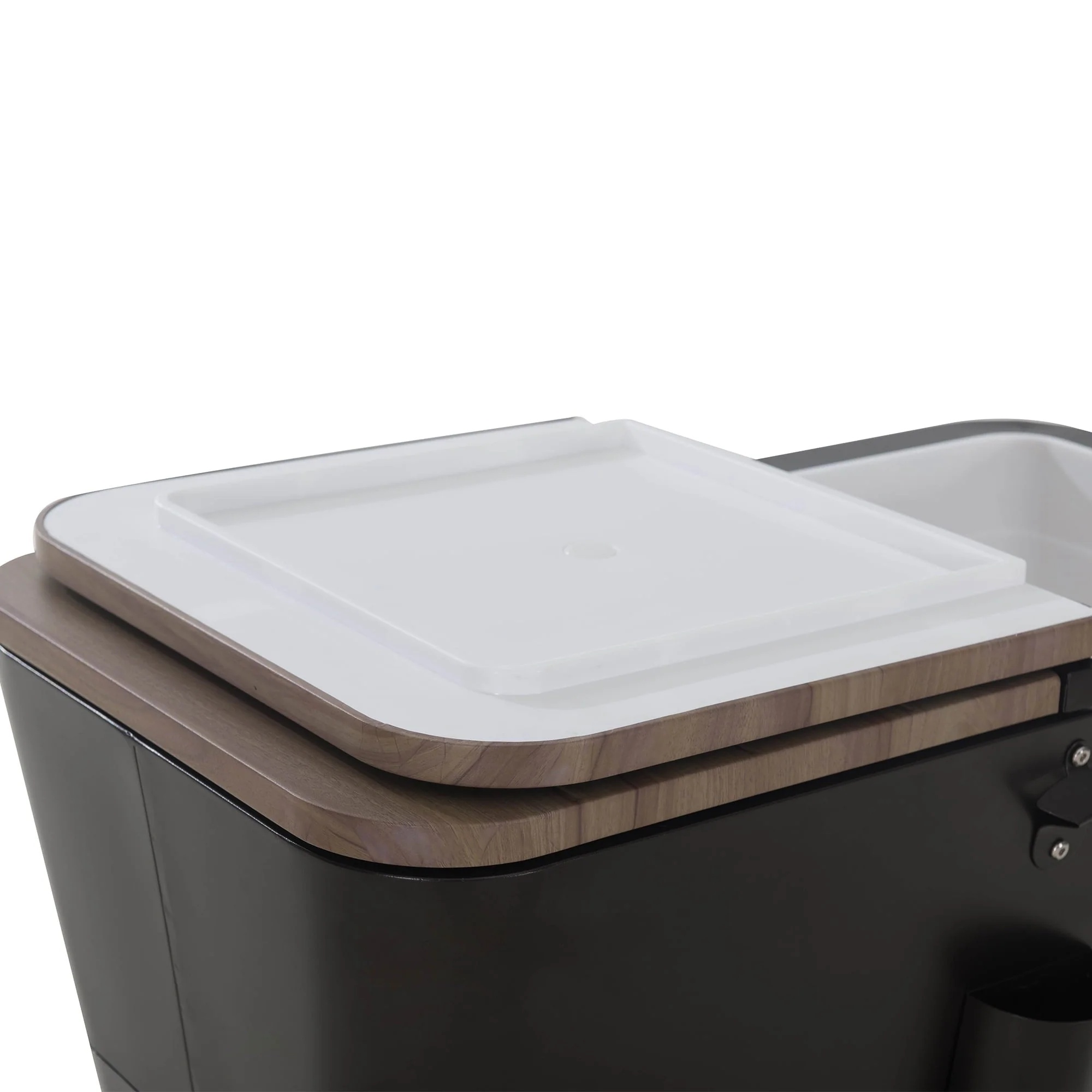 Sunjoy 80-Quart Wood Grain Finish Metal Rolling Ice Chest Cooler Cart with Storage Shelf, Steel Bottle Opener, and Lockable Wheels, Bronze - Image 8