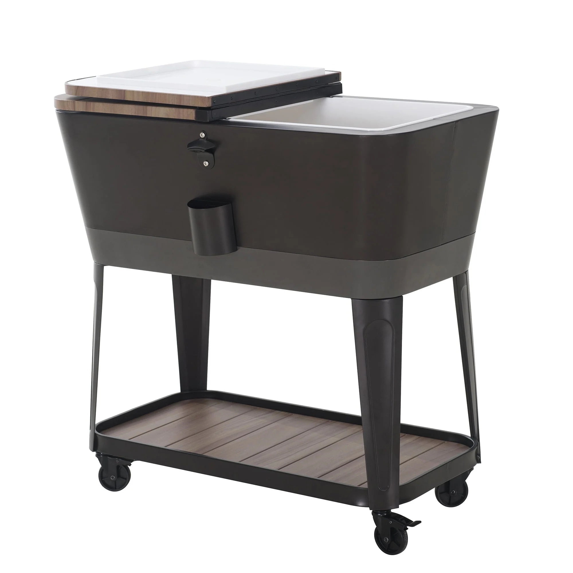 Sunjoy 80-Quart Wood Grain Finish Metal Rolling Ice Chest Cooler Cart with Storage Shelf, Steel Bottle Opener, and Lockable Wheels, Bronze - Image 3