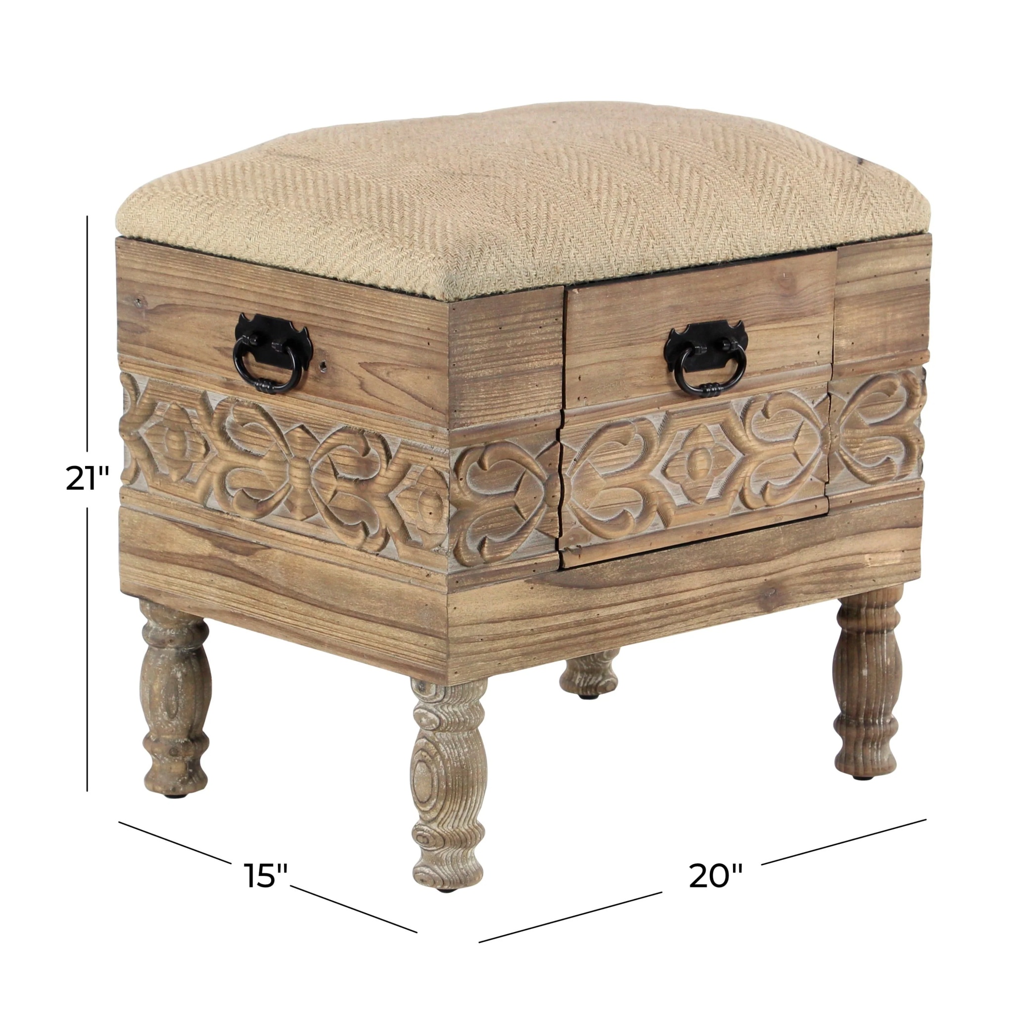 DecMode Wood Floral Intricately Carved Storage Stool with Cream Burlap Top, Beige - Image 5