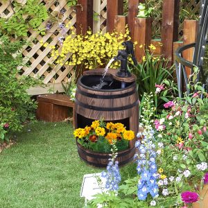 Outsunny 23" H Outdoor Water Fountain Wood and Metal Rustic Apple Barrel Pump Garden Decor for Outside Backyard