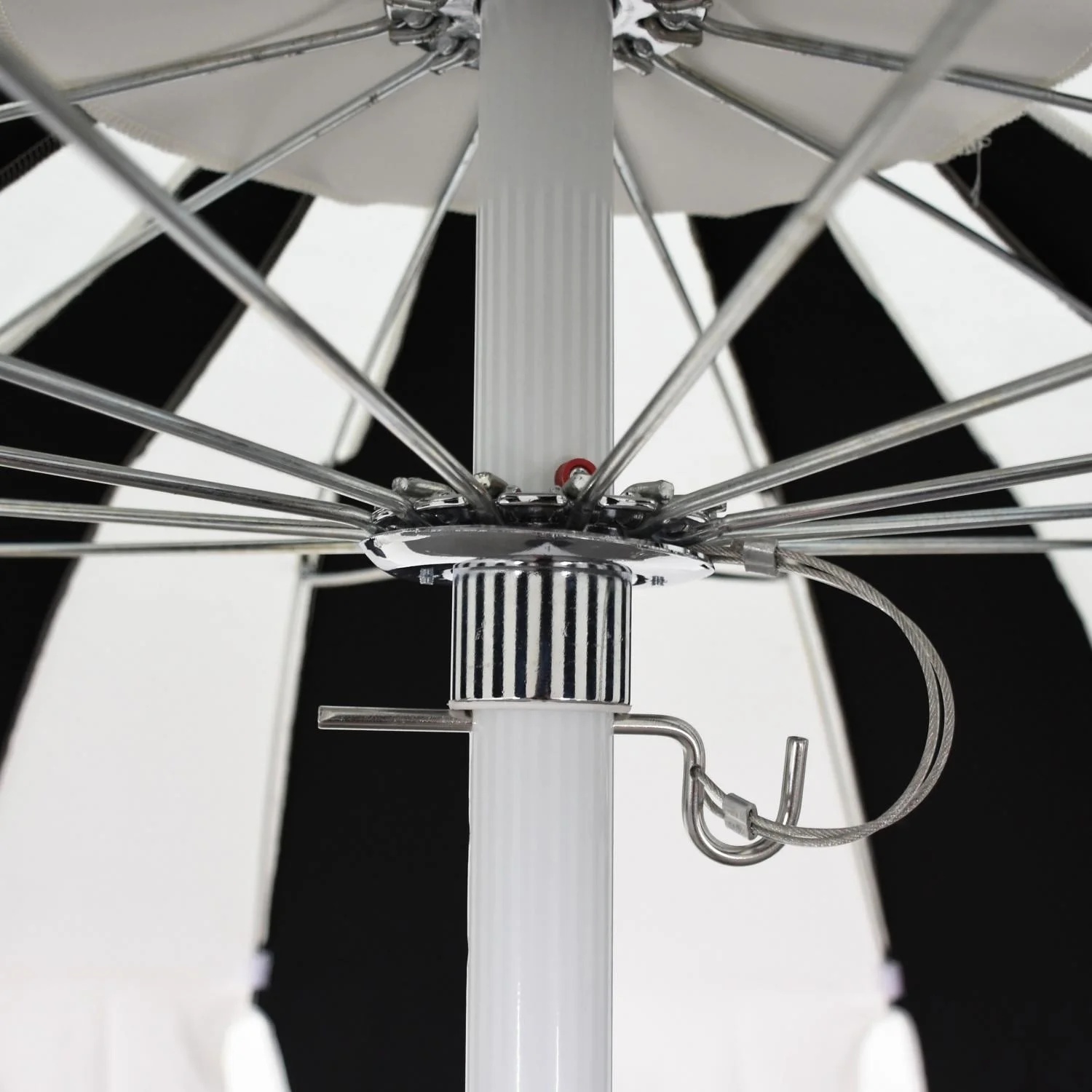 California Umbrella Pagoda Series 8.5 Ft Round Aluminum Pagoda Patio Umbrella W/ Push Lift & Steel Wire Ribs - White Frame / Sunbrella Pacific Blue Stripe Canopy - Image 4