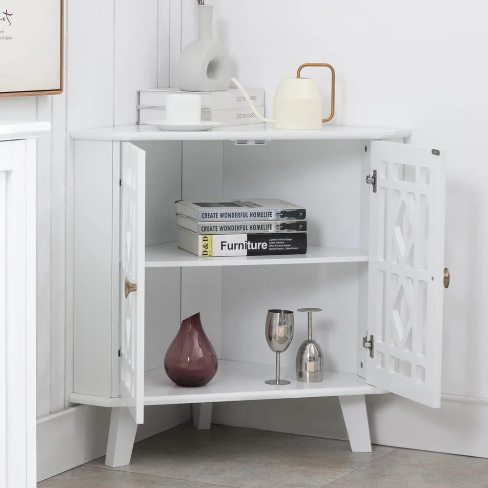 Eclife 32" Corner Sideboard Cabinet Freestanding Space Saving Storage Organizer with 2 Doors and 2-Tier Shelves, White - Image 3