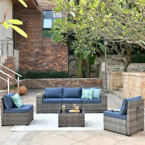 Ovios 6 Piece Outdoor Furniture All Weather Wicker Patio Conversation Sectional Couch with 7.68" Armrest for Garden Backyard
