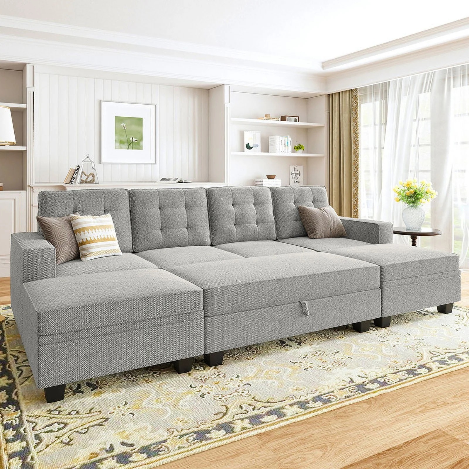 HONBAY Convertible Sectional Sleeper Sofa Bed Sets with Storage and Reversible Chaise, Light Grey - Image 3