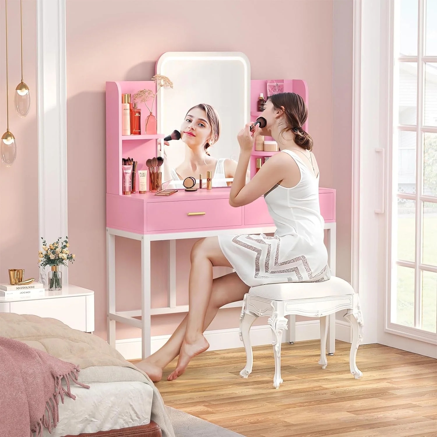 iSunirm Vanity Desk with Mirror and Lights, Makeup Vanity with 2 Drawers, Vanity Table Set with 3 Color Adjustable Lighting Options, Modern Dressing Table with Shelf, for Bedroom, Pink - Image 4