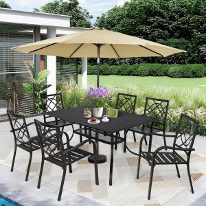 SUNCROWN 7-Piece Outdoor Wrought Iron Chairs and Table Patio Dining Furniture Set - 6 Stackable Metal Chairs, 1 Steel Slat Bistro Table and 1 Brown 9Ft Patio Umbrella for Garden Backyard Deck
