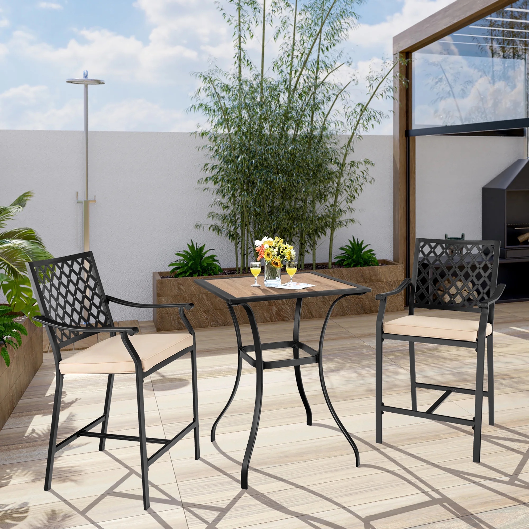Costway Patio Square Bar Table Wood-Like Tabletop Metal Frame Garden Backyard - Image 2