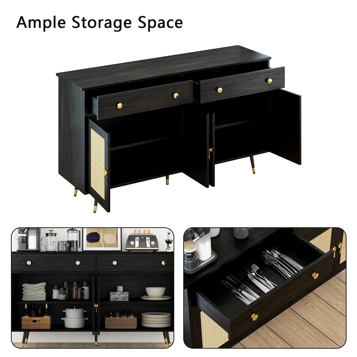 Catrimown Sideboard Buffet Cabinet, 2 Drawer and 4 Rattan Door Sideboard Storage Cabinet, Black - Image 3