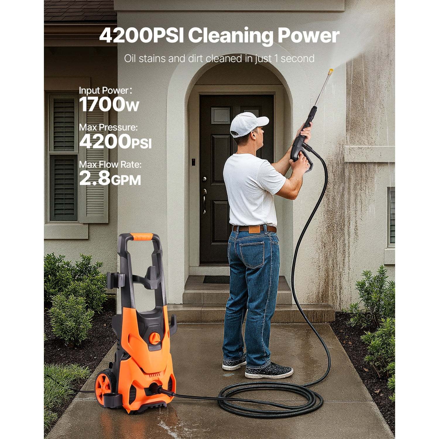 VEVOR Electric Pressure Washer, 4200 PSI Max 2.8 GPM Power Washer with 20 ft Hose, 4 Quick-Connect Nozzles and Foam Cannon, Suitable for Cars, Fences, Driveways, Patios - Image 2