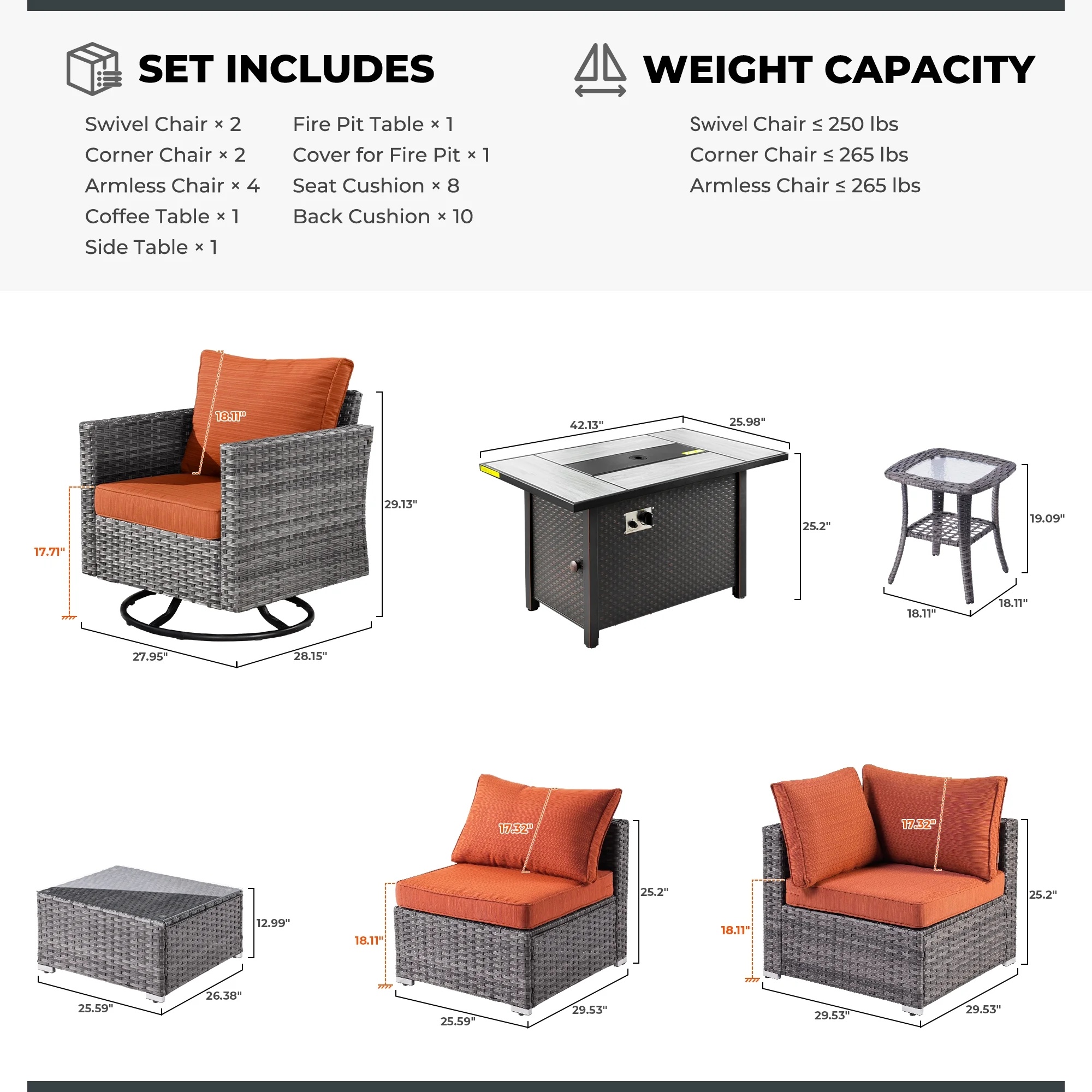 Ovios 11 Pieces Patio Fire Pit Set Outdoor Wicker Sectional Sofa Conversation Set with Swivel Rocking Chairs and Side Table,Dark Gray - Image 14
