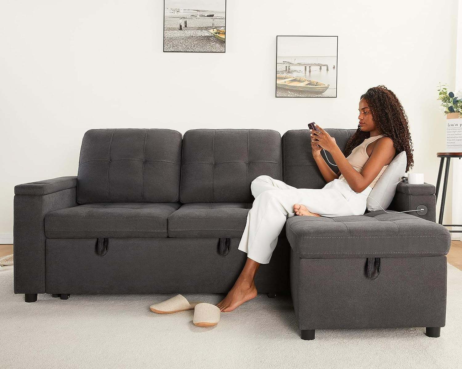 Papajet Sleeper Sofa, Modern Tufted Convertible Sofa Bed, USB Charging Ports & Cup Holders, L Shaped Sofa Couch with Storage Chaise, Linen Couches for Living Room (Dark Grey) - Image 5