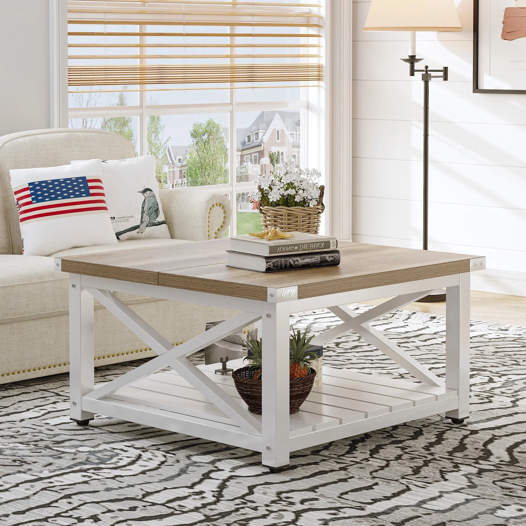 Dextrus Farmhouse Coffee Table Square Wood Center Table End Table with Open Storage Shelf for Living Room, Gray Wash - Image 5
