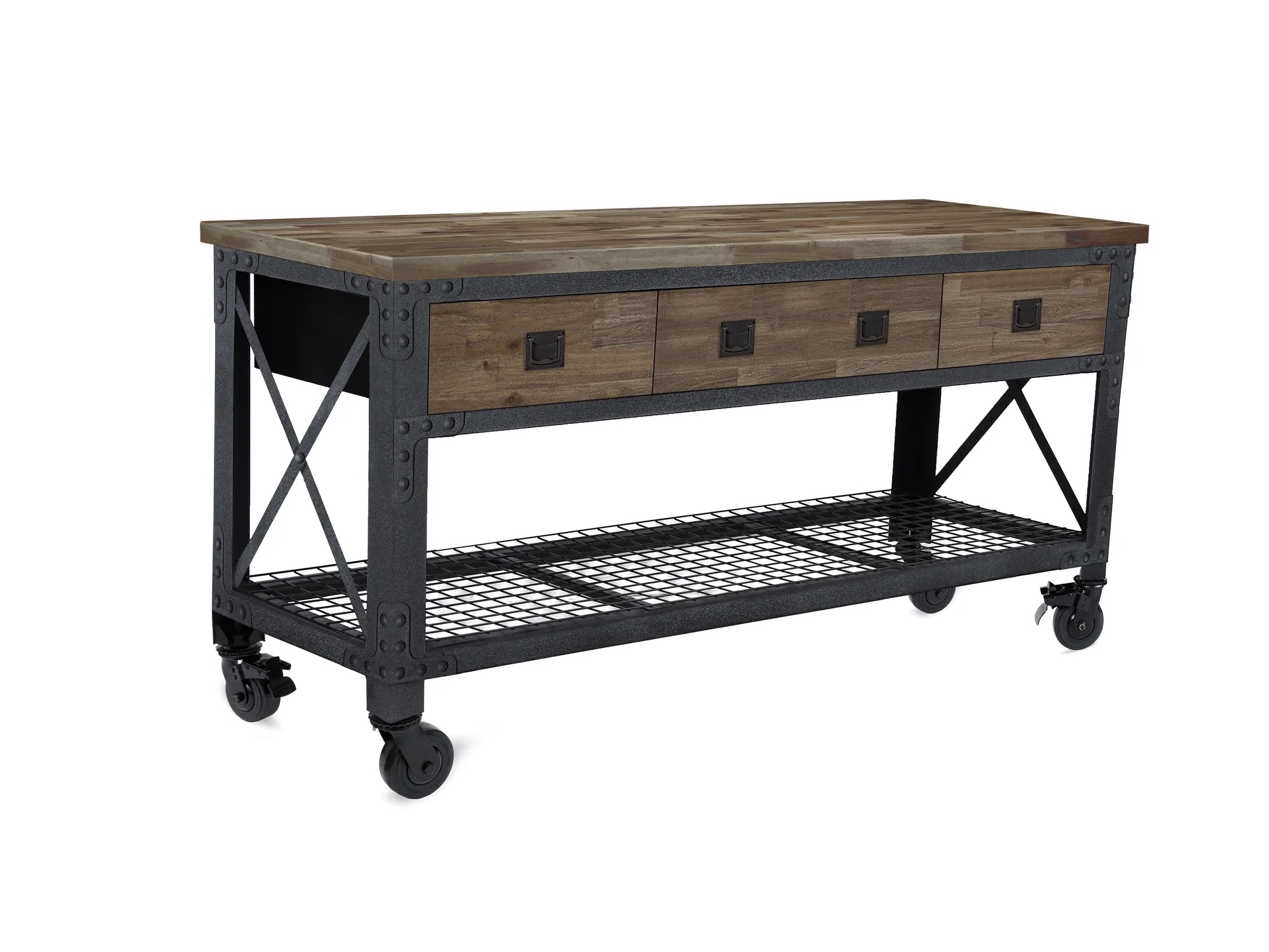 72 In x 24 In. 3 Drawer Rolling Industrial Workbench with Wood Top - Aged Macadamia - Image 3