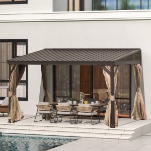 Domi Outdoor Living 10' x 12' Hardtop Lean-to Gazebo, Wall-Mounted with Galvanized Steel Roof Wall Pergola with Aluminum Frame, Curtains and Netting, for Patio, Deck, Garden, Backyard