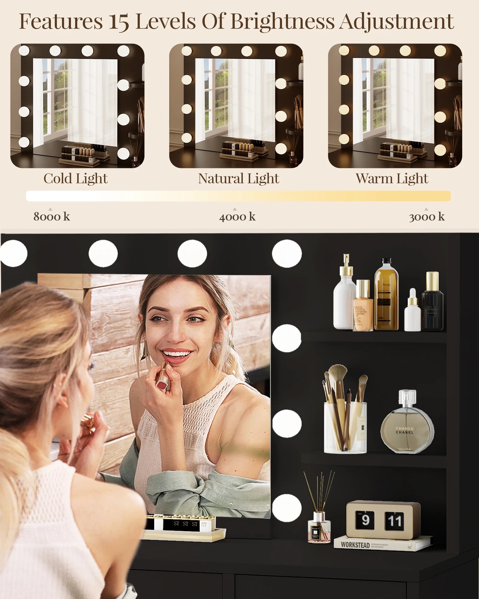 LIVELYGLOW Vanity Desk with Mirror and Lights, Makeup Vanity with Drawer & Storage Shelves, Cabinet, 3 Lighting Modes Adjustable Brightness,White - Image 50