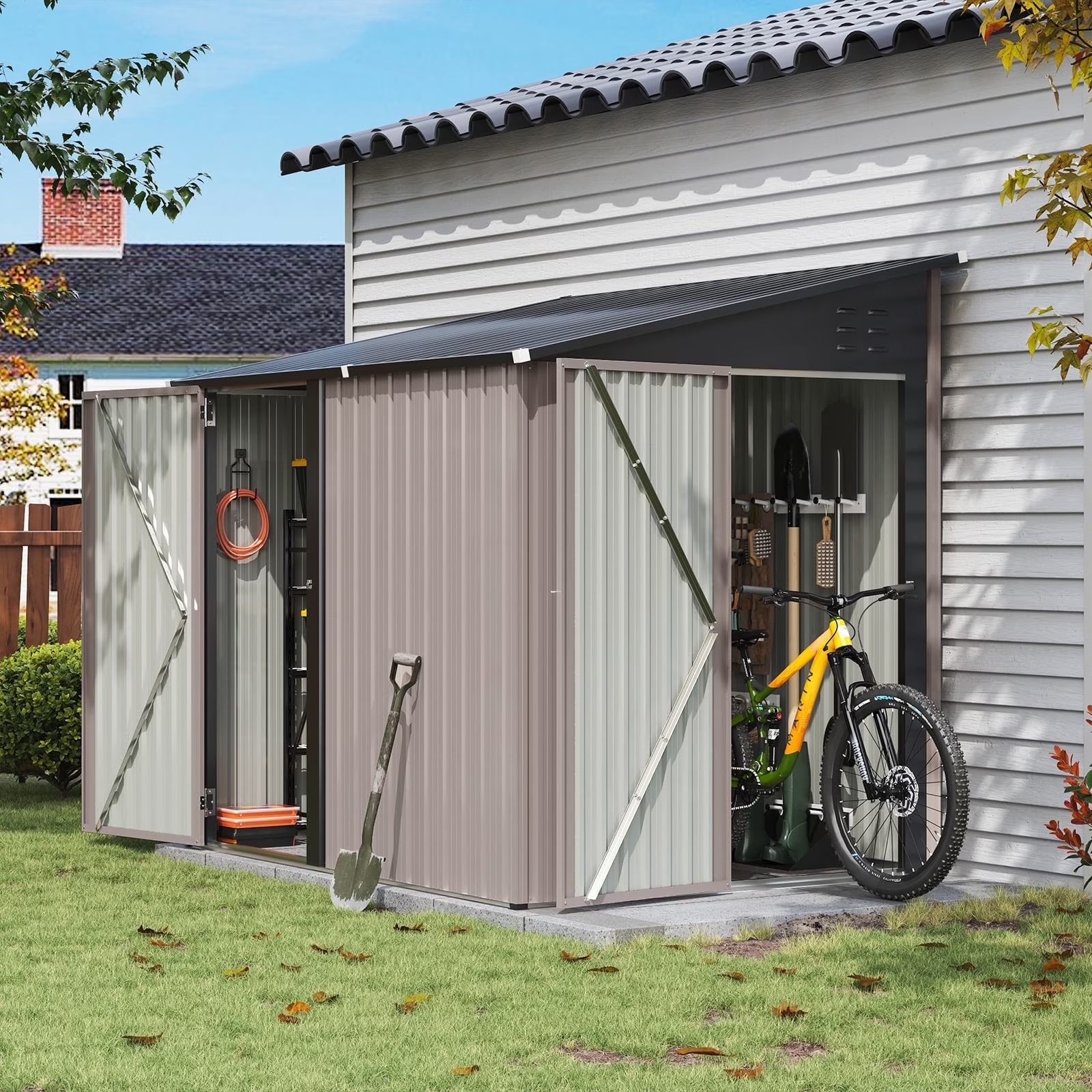 Aoxun 6' x 4' Storage Shed Lean to Storage Shed, Outdoor Metal Wall Side Storage Sheds, Outdoor Storage Cabinet for Patio, Garden, Lawn (Brown) - Image 3