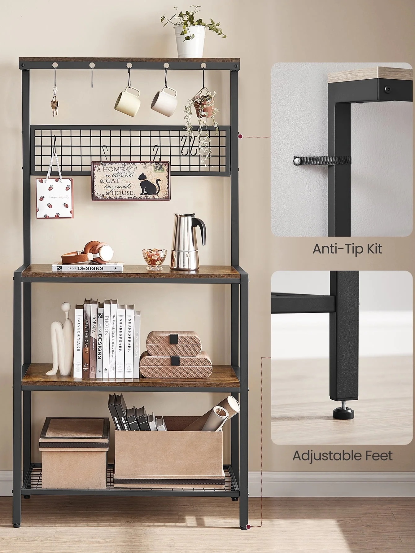 VASAGLE Kitchen Baker's Rack Coffee Bar Storage Shelf Island Rack Microwave Stand with 10 Hooks 3 Shelves Rustic Brown and Black - Image 5