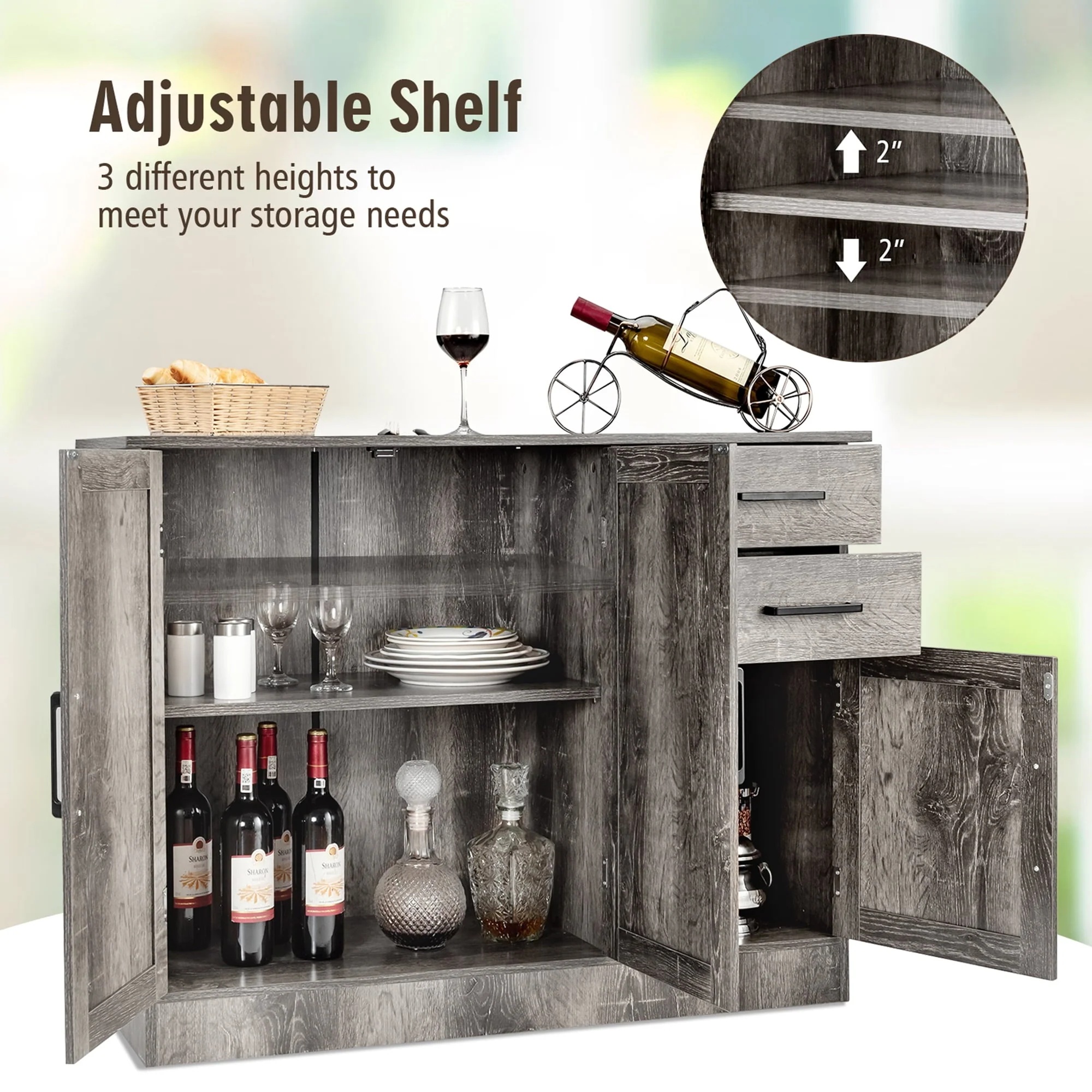 Gymax Buffet Storage Cabinet Console Table Kitchen Sideboard Drawer Grey - Image 8