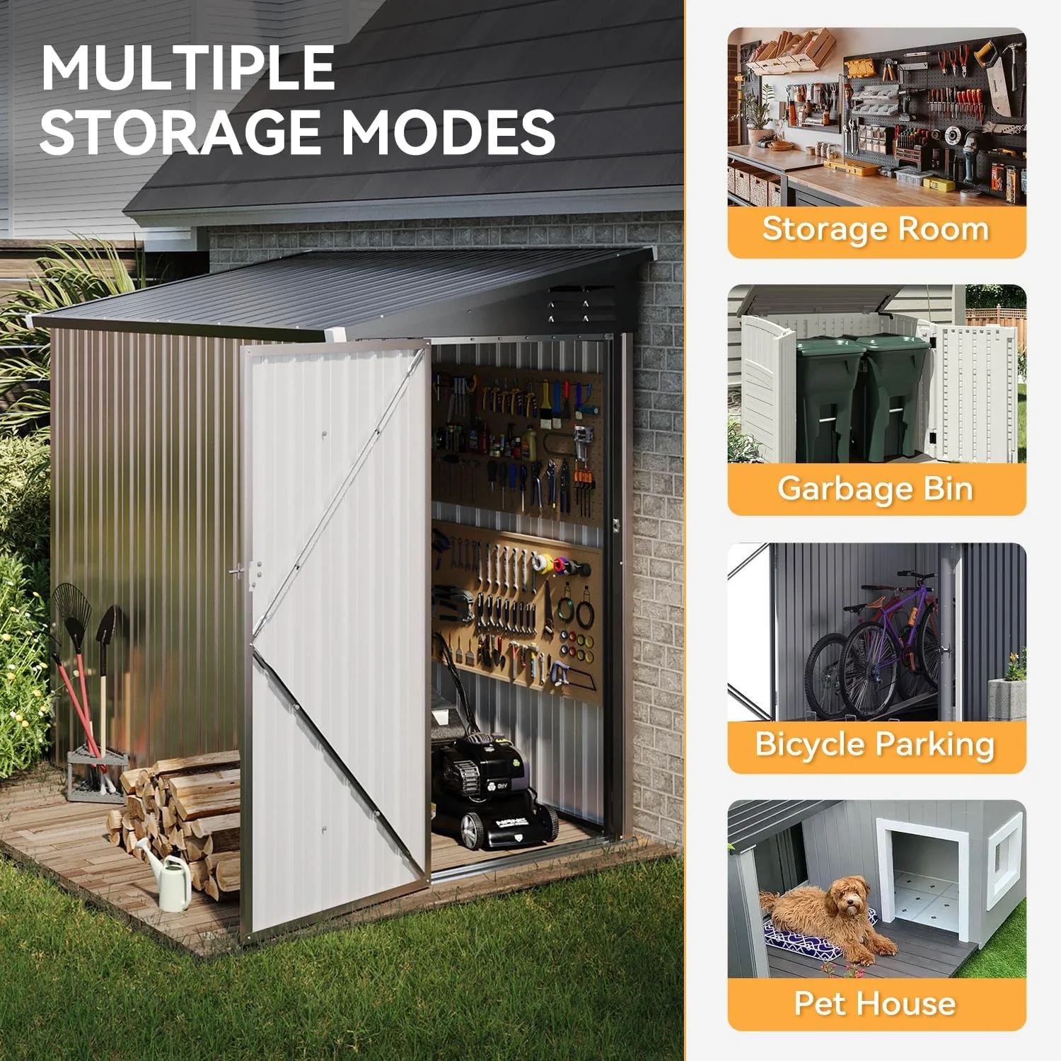 Aoxun 6' x 4' Storage Shed Lean to Storage Shed, Outdoor Metal Wall Side Storage Sheds, Outdoor Storage Cabinet for Patio, Garden, Lawn (Brown) - Image 12