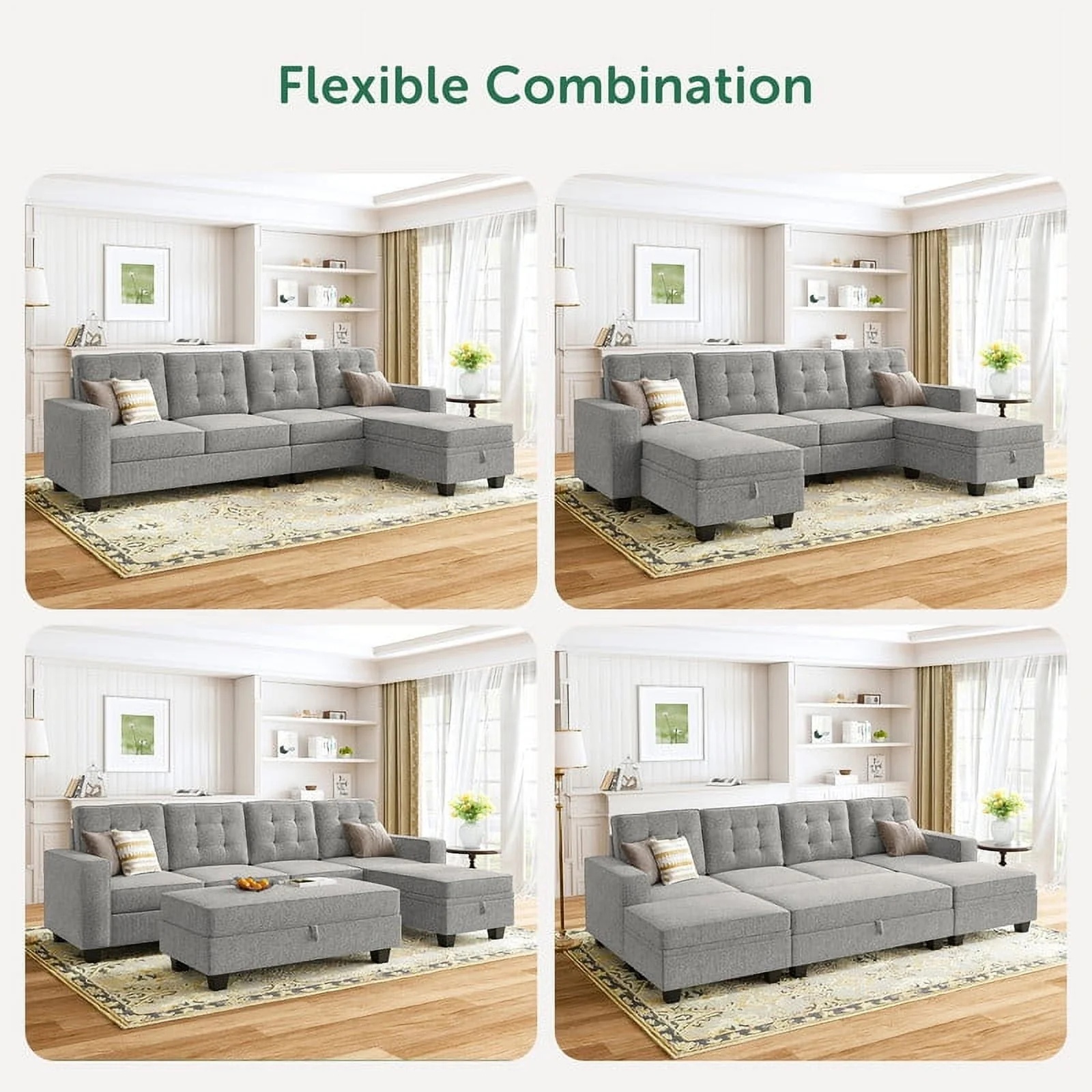 HONBAY Convertible Sectional Sleeper Sofa Bed Sets with Storage and Reversible Chaise, Light Grey - Image 9
