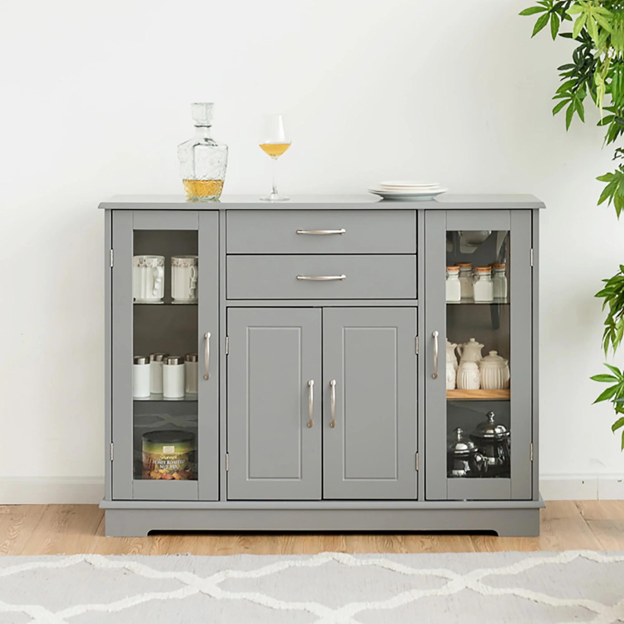 Costway Sideboard Buffet Server Storage 32'' Cabinet W/ 2 Drawers 3 Cabinets Cupboard Grey - Image 3