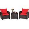 Costway 3PCS Patio Rattan Furniture Set Cushioned Conversation Set Sofa Coffee Table Red - Image 15
