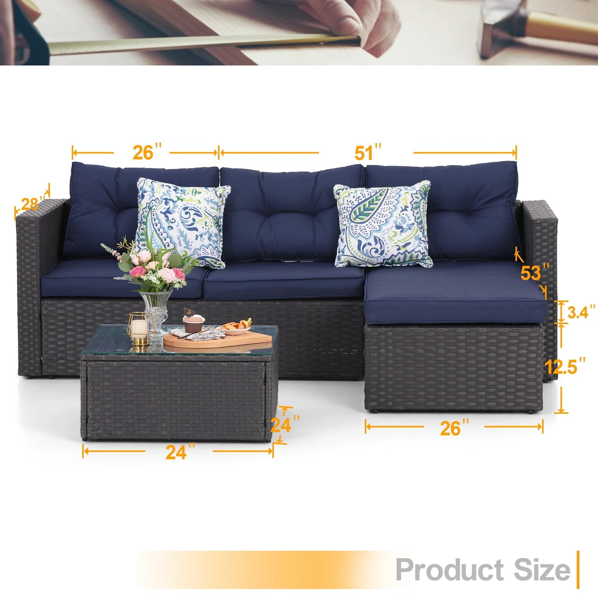 Sophia & William 3Pcs Outdoor Patio Wicker Rattan Sectional Sofa Set - Blue - Image 10