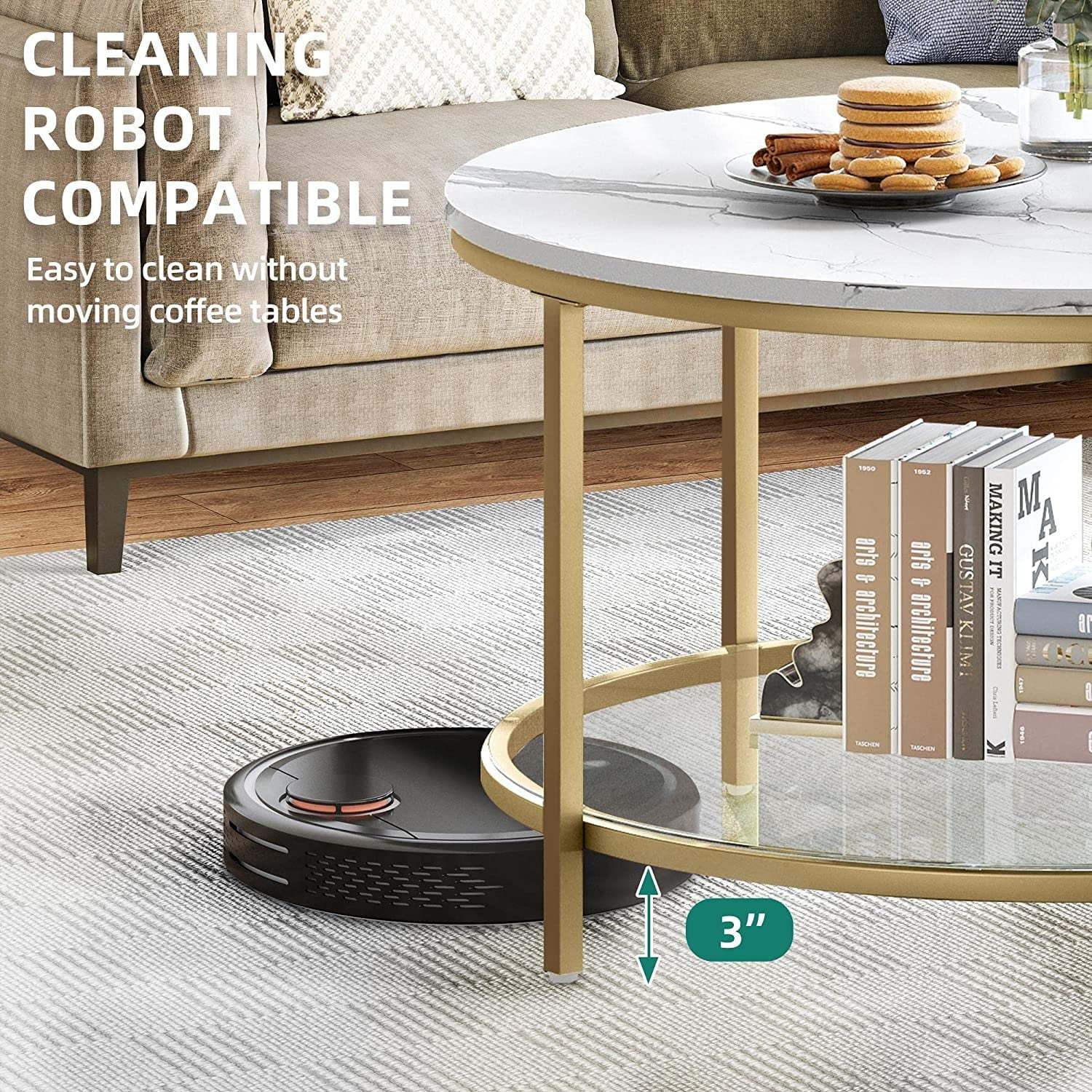 DEXTRUS 2-Tier Round Coffee Table Marble Center Cocktail Table with Glass Open Storage Shelf, White & Gold - Image 5