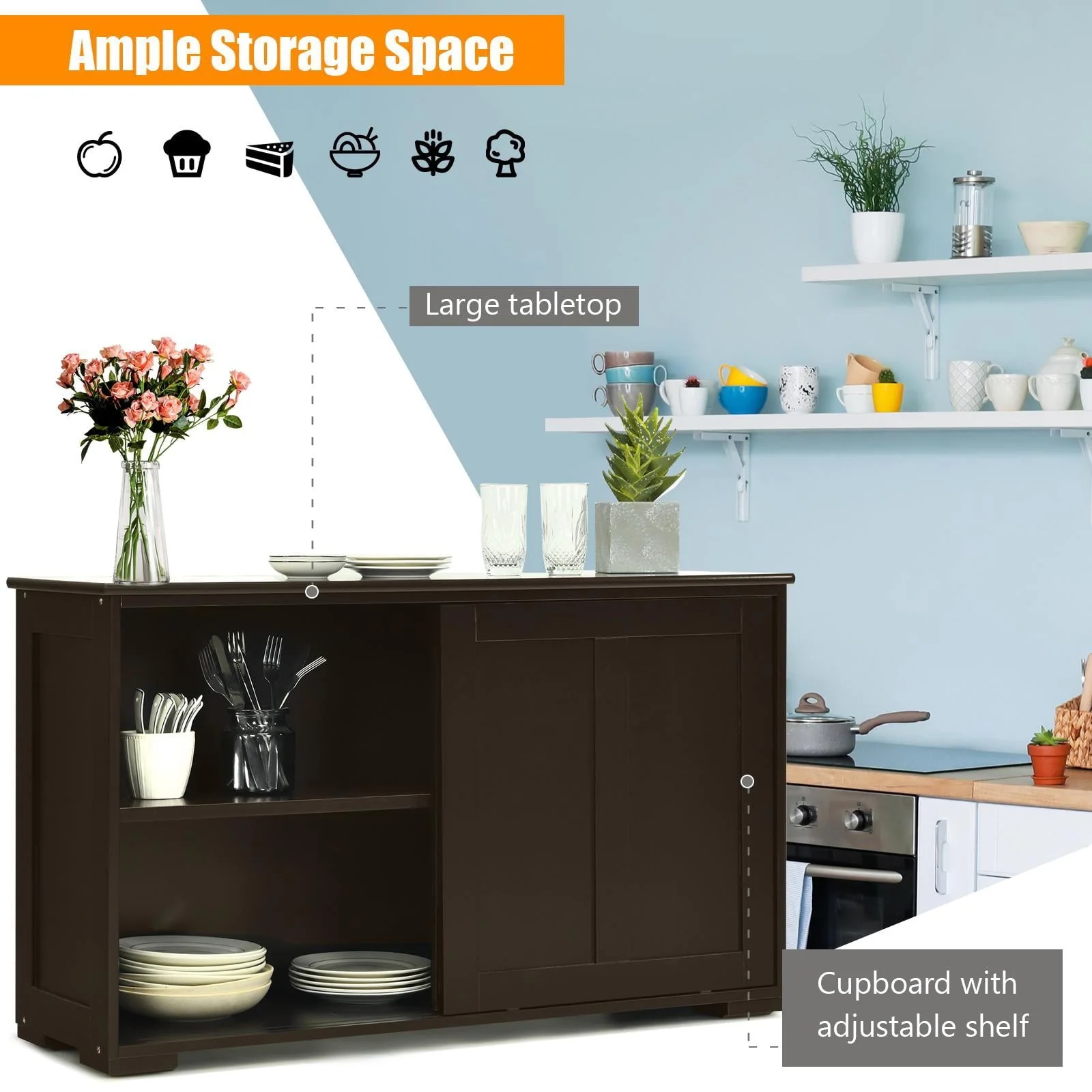 Giantex Kitchen Cabinet, Storage Sideboard, Stackable Buffet Cabinet w/Antique Look, 2 Sliding Door, Bar Cabinet for Kitchen, Dining Room (Brown) - Image 8