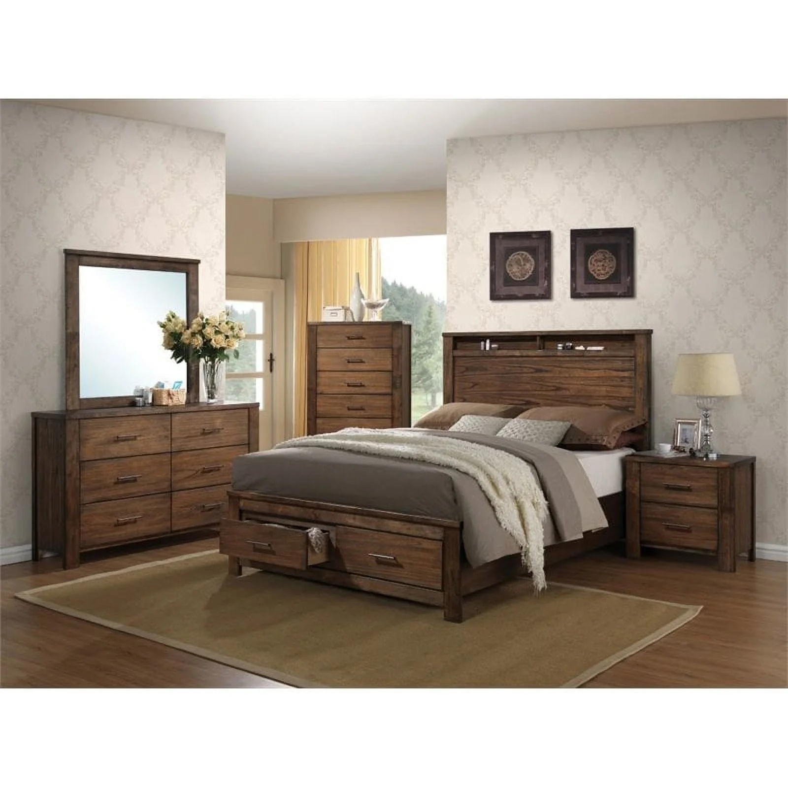 Bowery Hill Modern Design Wood Queen Bed with 2 Drawer Storage and Headboard in Oak - Image 8