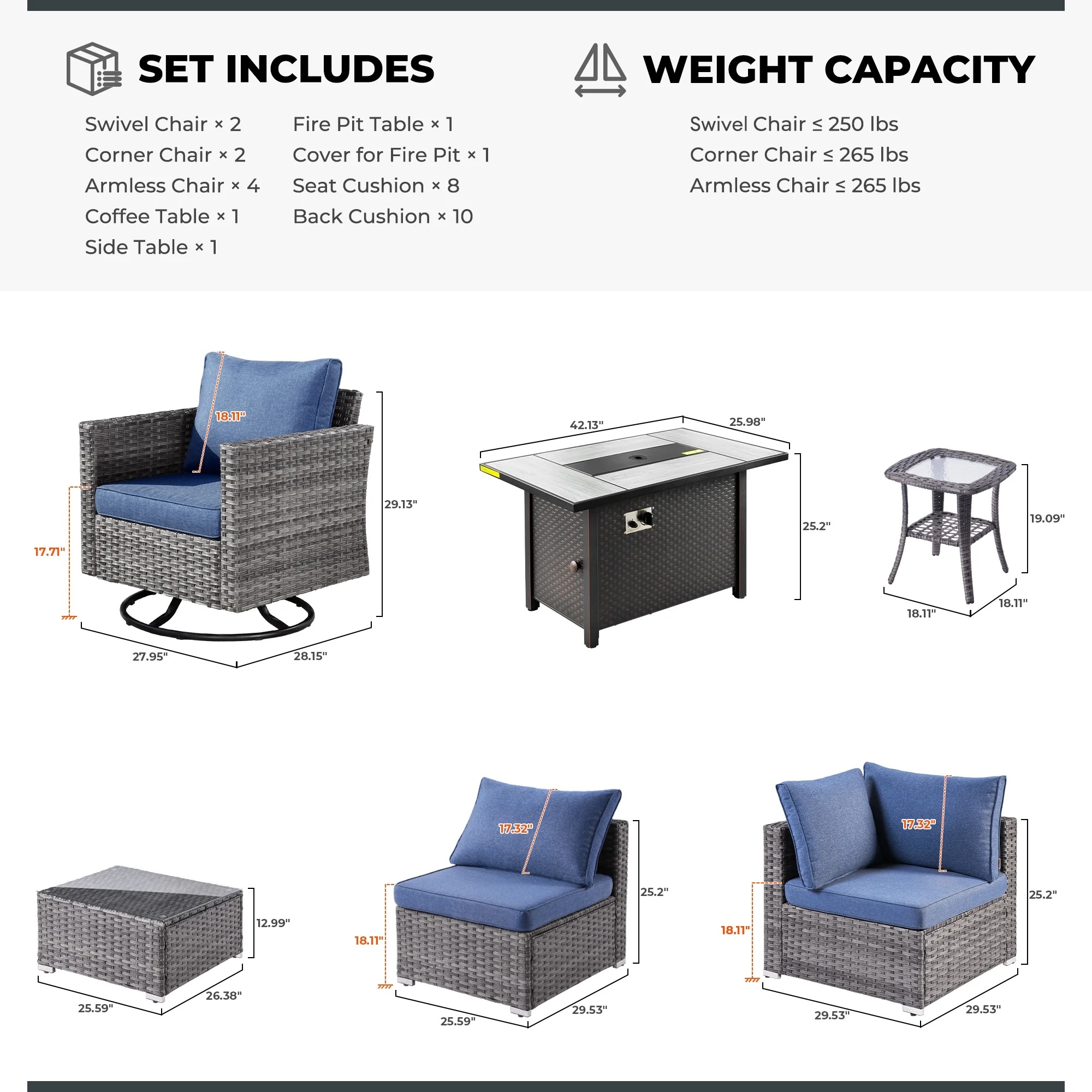 Ovios 11 Pieces Patio Fire Pit Set Outdoor Wicker Sectional Sofa Conversation Set with Swivel Rocking Chairs and Side Table,Dark Gray - Image 19