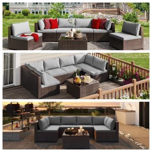 7 Pieces Outdoor Patio Furniture Set, Lofka PE Rattan Sectional Sofa with Tempered Glass Coffee Table & All-Weather Cushions, Patio Conversation Set for Garden, Poolside (Grey)