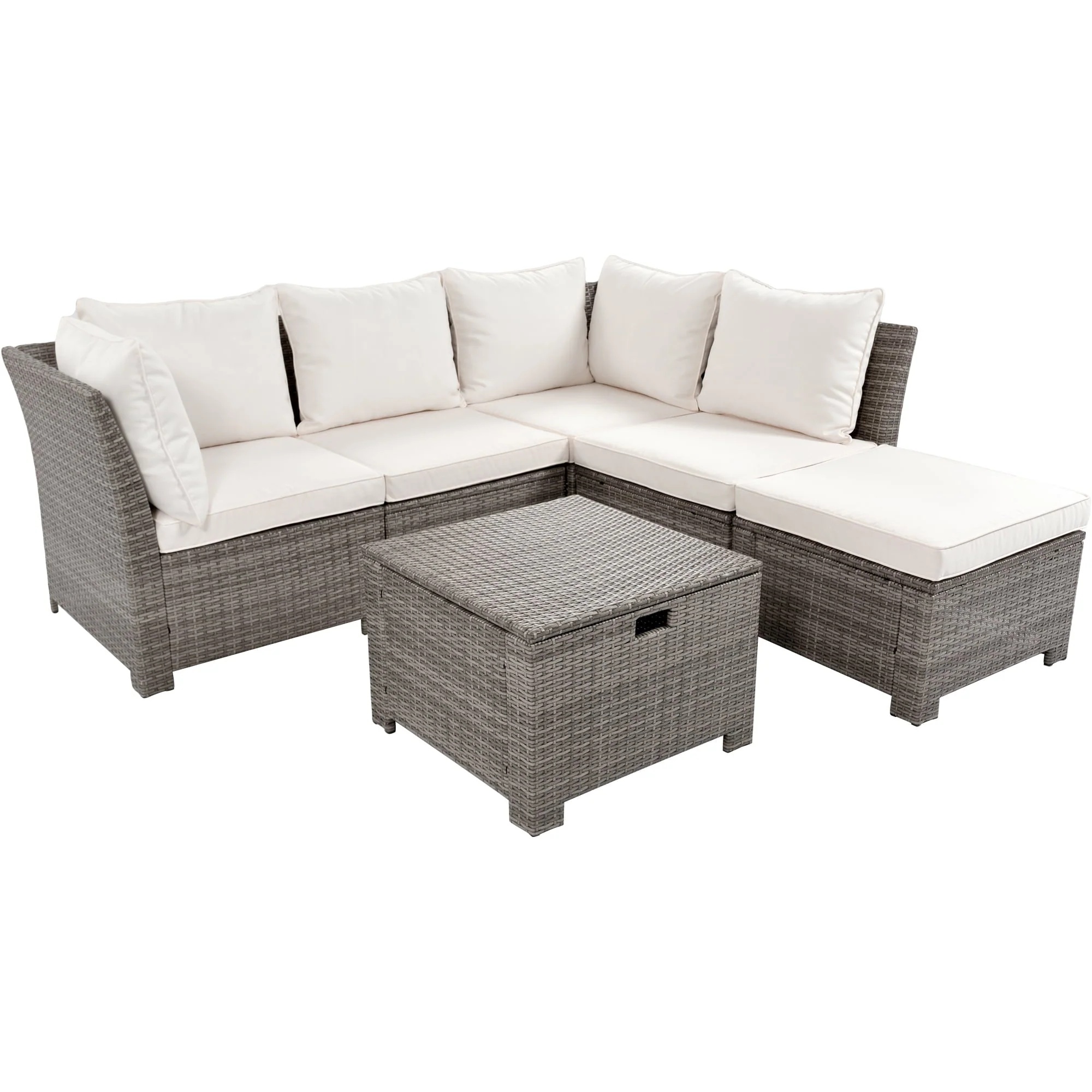 Euroco 6-Piece Outdoor Sofa Set with Storage Box, PE Wicker Seating Set for 5, Beige - Image 4