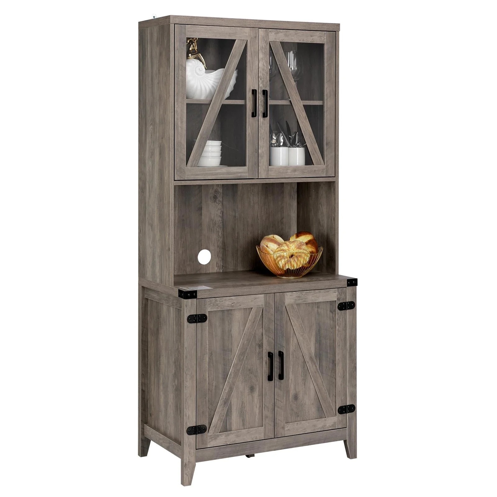 UBesGoo Freestanding Rustic Kitchen Buffet with Hutch, Pantry Storage Cabinet with Adjustable Shelf Grey Oak - Image 9