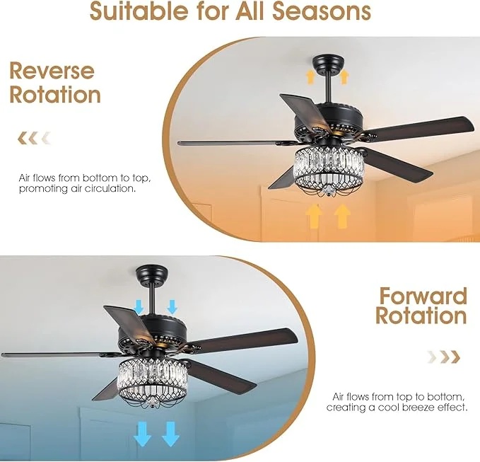 Kviflon 52" Farmhouse Ceiling Fan with Lights & Remote, Crystal Chandelier, Wood Blades, Quiet Motor, 6-Speed, Timer, Modern Lighting for Living Room, Bedroom, Dining Room, Chrome Finish - Image 14