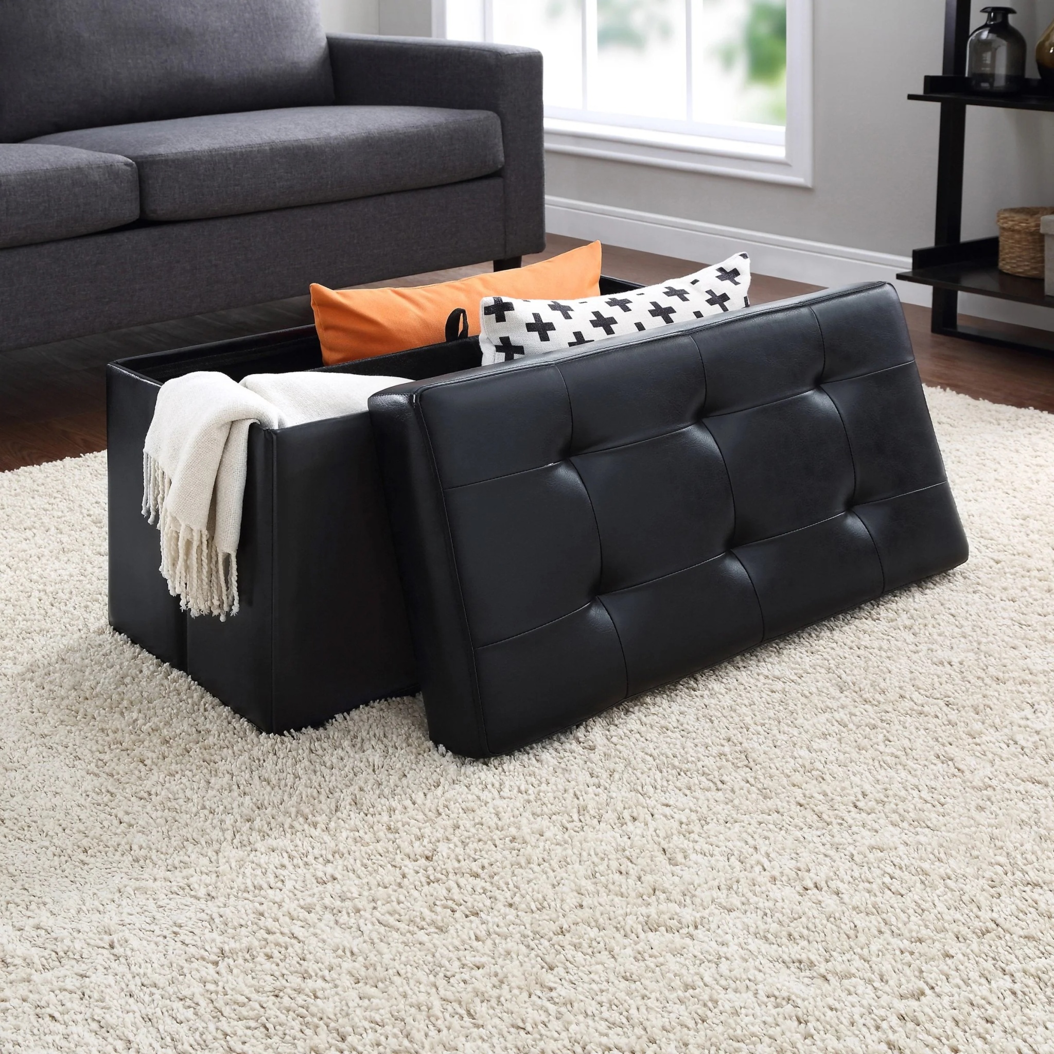 Mainstays 30-inch Collapsible Storage Ottoman, Quilted Black Faux Leather - Image 2