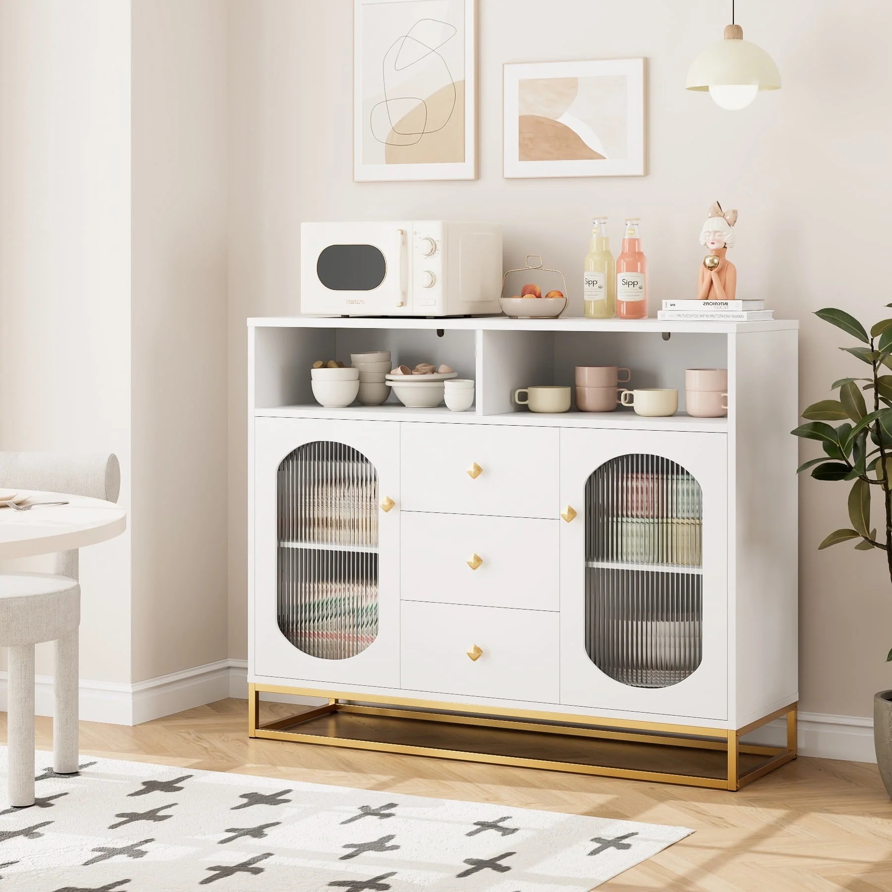 Homfa 47.2'' Sideboard Storage Cabinet, 3 Drawers Buffet Cabinet with Glass Doors for Kitchen Dining Room, White - Image 3