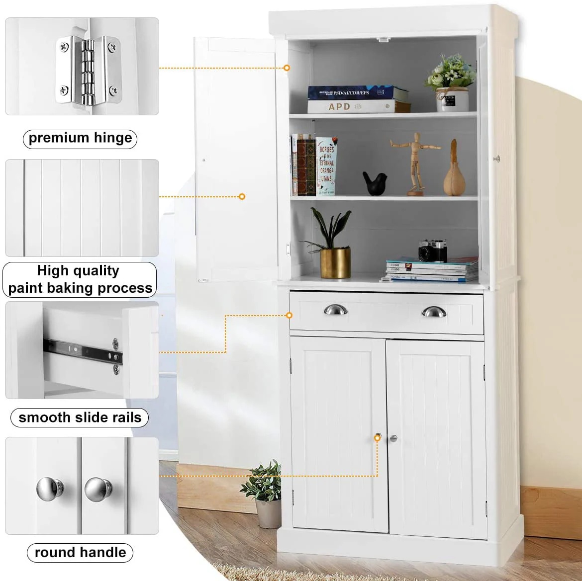 Yoleny Kitchen Pantry, 72-?Freestanding Storage Cabinets with Doors and Shelves, Elegant Colonial Design Cabinet Cupboard, White - Image 3