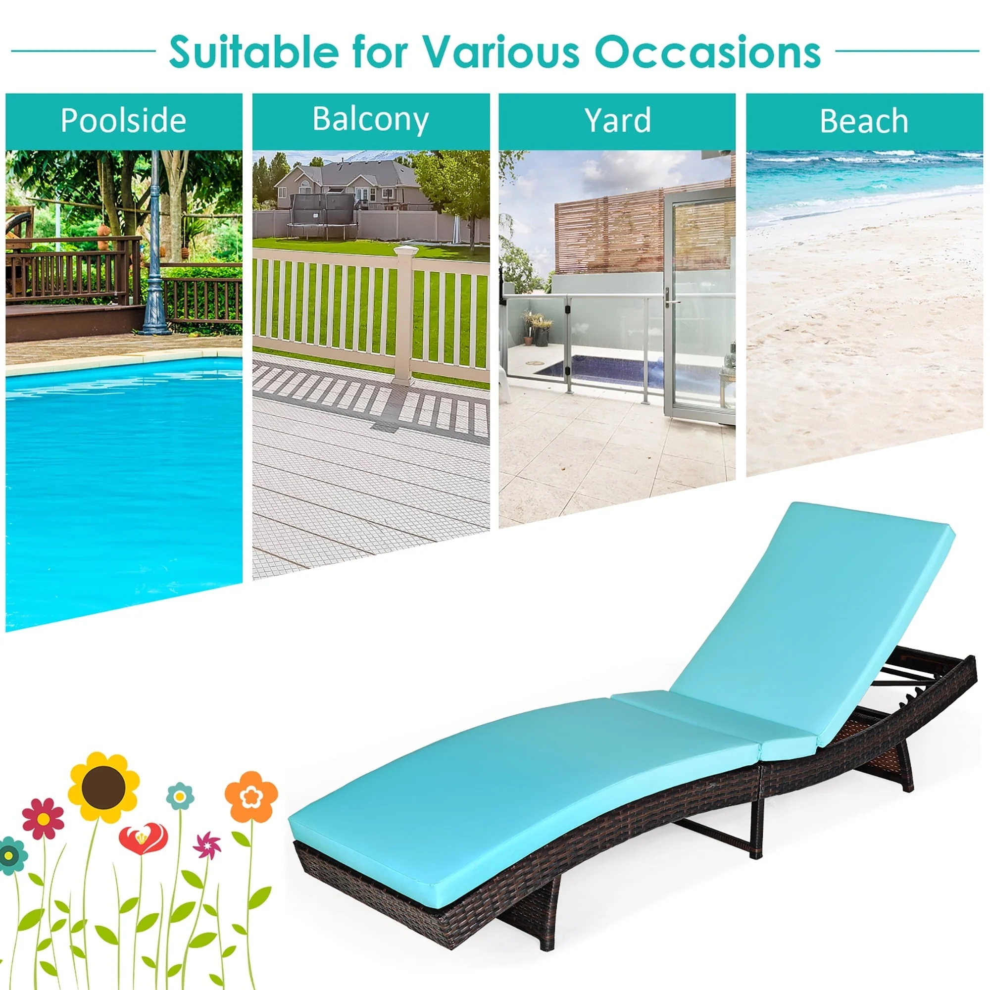 Costway Patio Rattan Folding Lounge Chair Chaise Adjustable W/Turquoise Cushion - Image 7