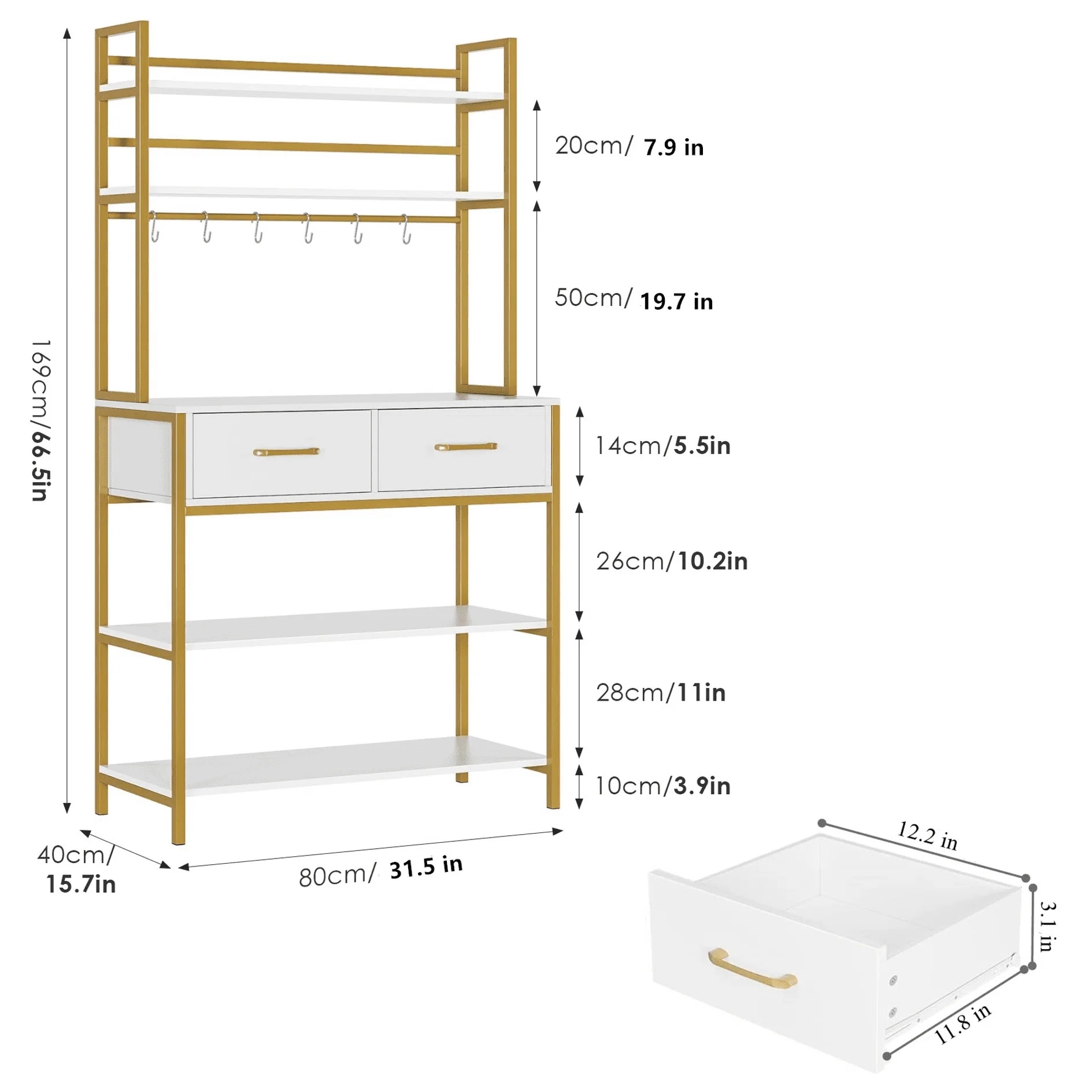 Homfa 2 Drawers Ladder Shelf, 5 Tier Modern Bookcase, Multifunctional Bookshelf Storage Rack, Gold and White - Image 10