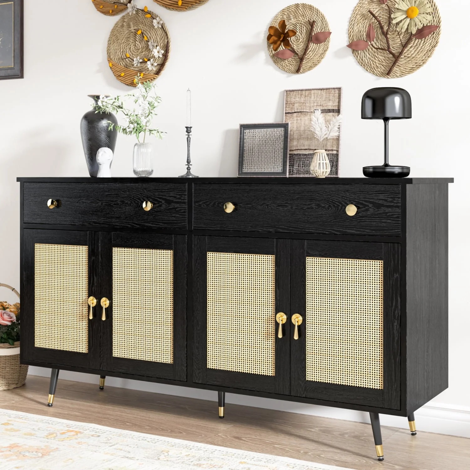 Catrimown Sideboard Buffet Cabinet, 2 Drawer and 4 Rattan Door Sideboard Storage Cabinet, Black - Image 7
