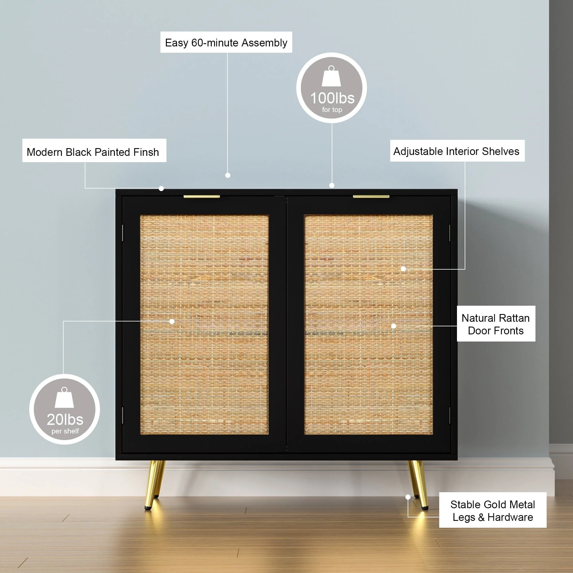 Anmytek Natural Rattan Black Buffet Sideboard Storage Cabinet with 2 Doors - Image 5