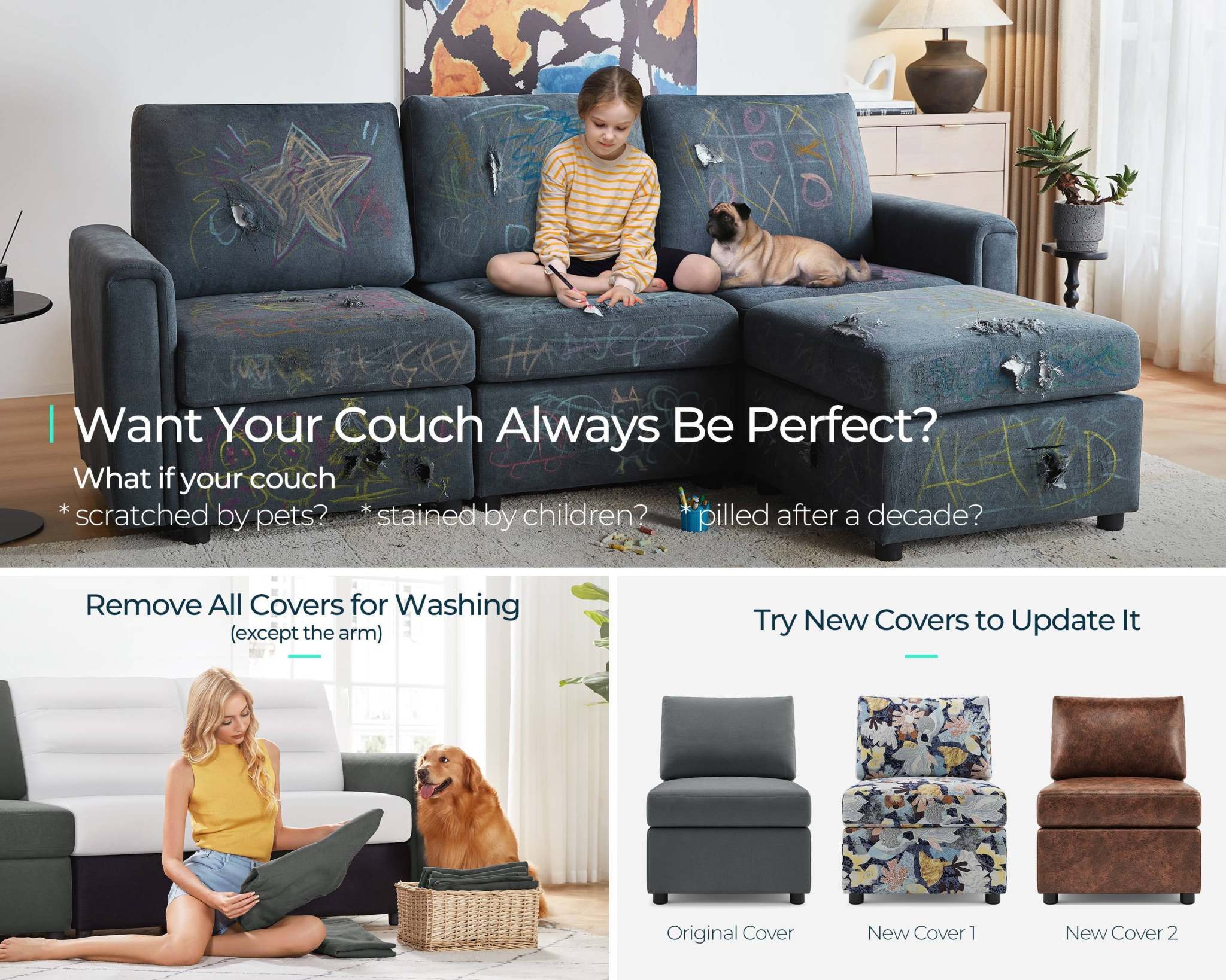 Linsy Home Modern Convertible Sleeper Sofa Bed with Storage Ottomans, Modular Sectional Couch Sofa,Dark Gray - Image 6