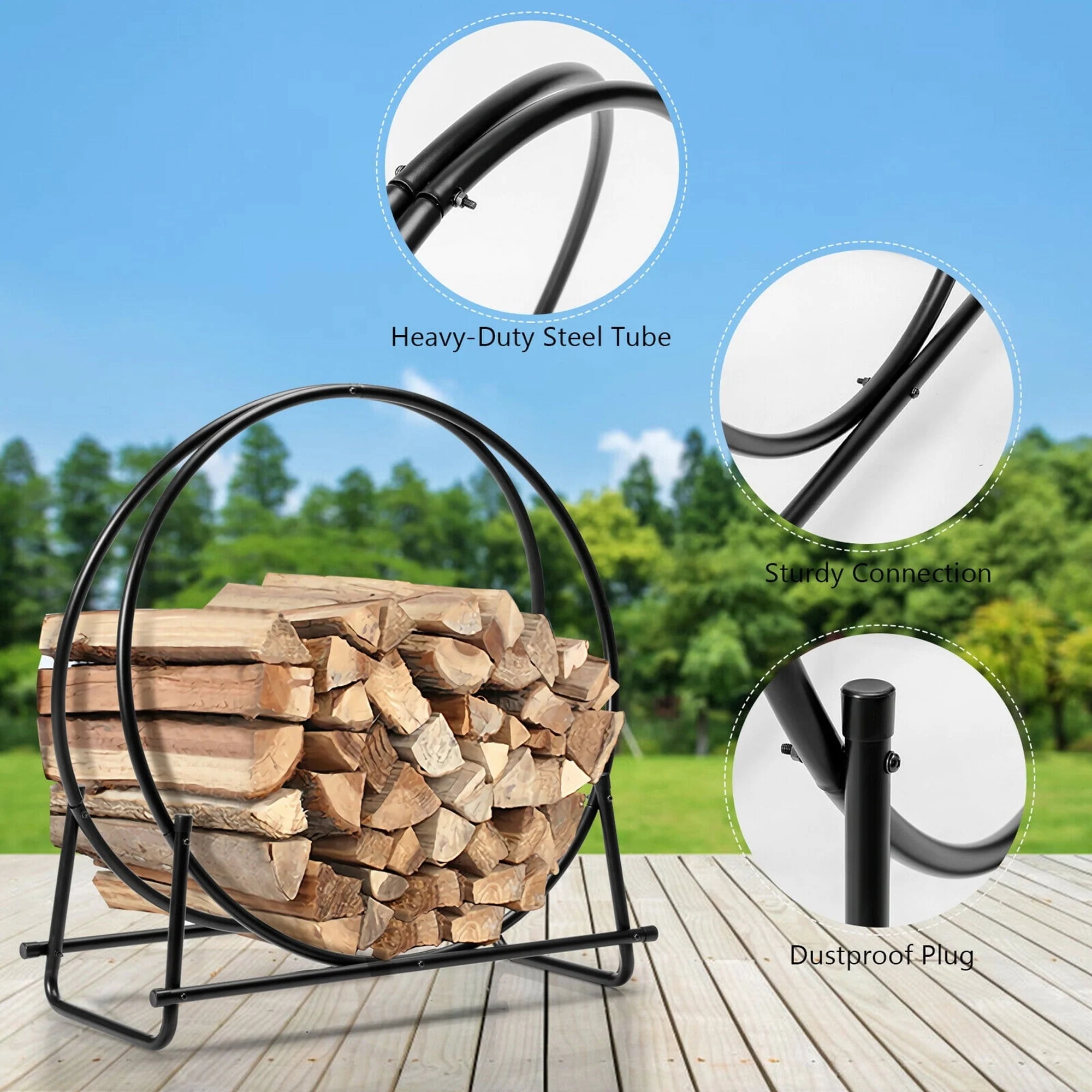 Gymax 30'' Tubular Steel Log Hoop Firewood Storage Rack Holder Round Display - Image 8