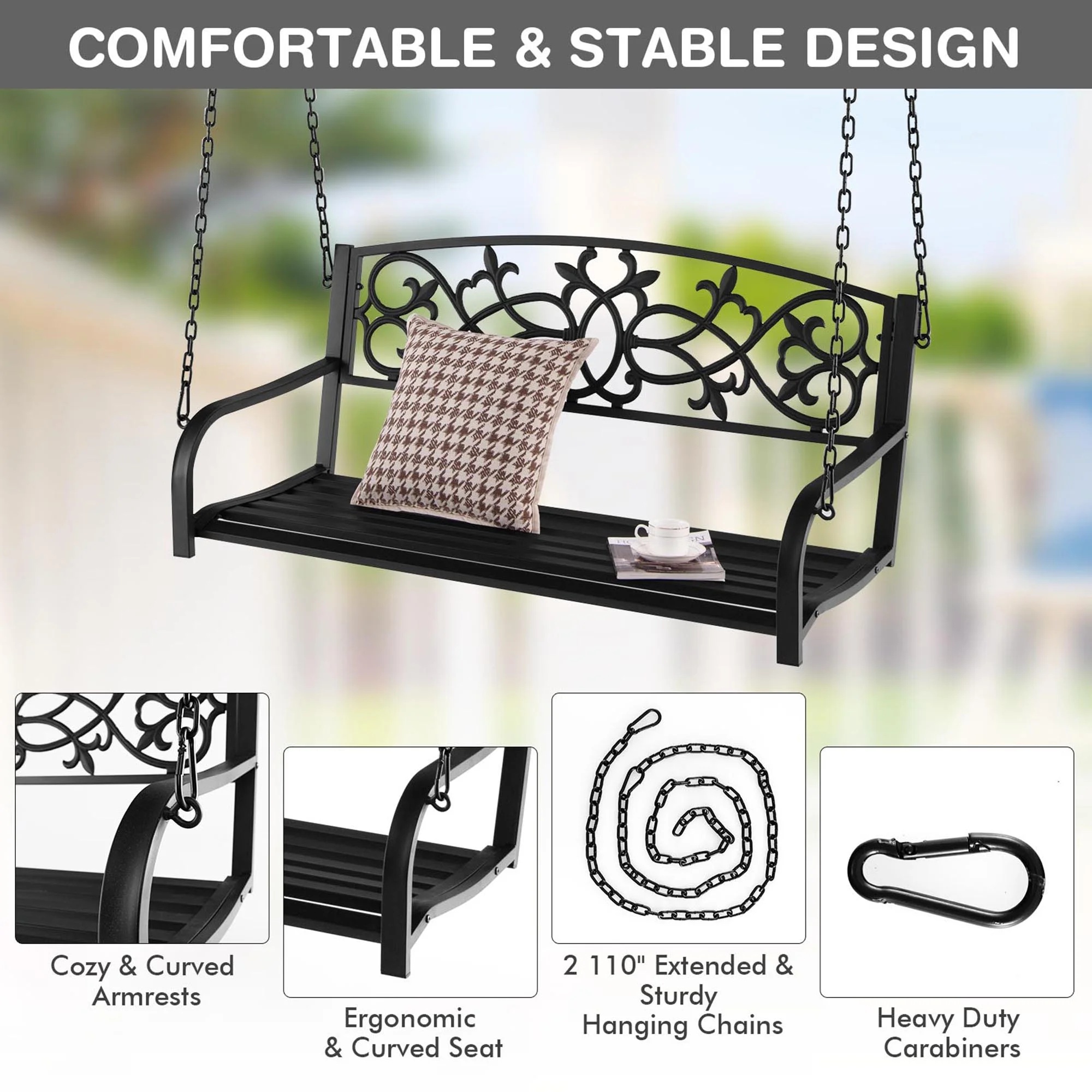 Gymax Patio Hanging Porch Swing 2-Person Outdoor Metal Swing Bench Chair w/ Chains Brown - Image 19