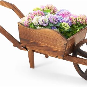 Wooden Wagon Planter Box, Garden Planter with Wagon Wheels, Flower Cart for Patio Garden Balcony, Decorative Patio Flowers Herbs Vegetables for Indoor Outdoor Decor, Brown(Rustic)